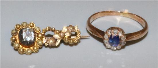 Diamond & sapphire gold ring & diamond brooch